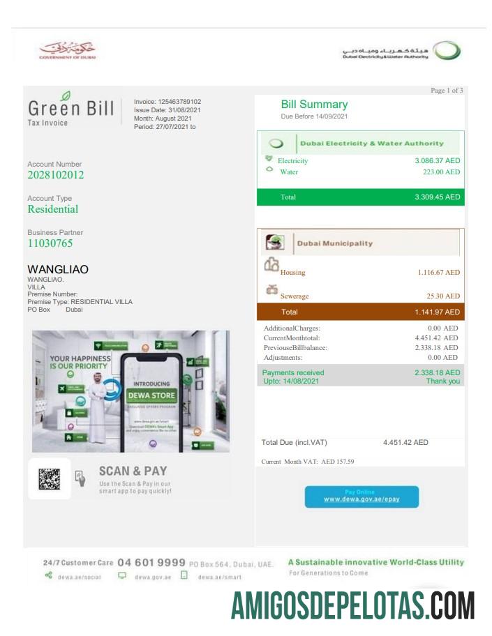 realista Modelo de fatura de serviços públicos verdes de Dubai dos Emirados Árabes Unidos em formato Word e PDF, totalmente editável